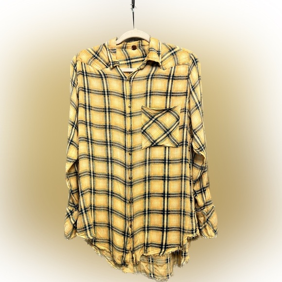 Free People Tops - Free People Yellow Grunge Plaid Button Down Shirt Tunic raw hem👠